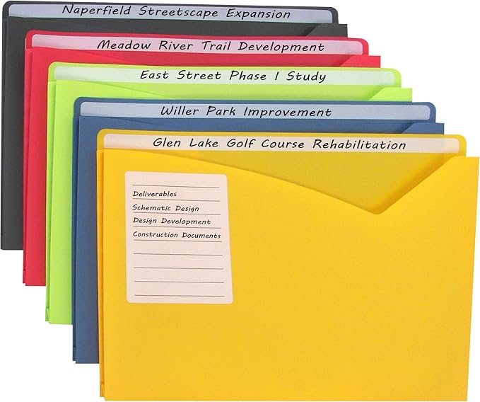 C-Line Write-on Poly File Jackets, Lime Green, Amber Orange, Steel Blue, Pack of 10