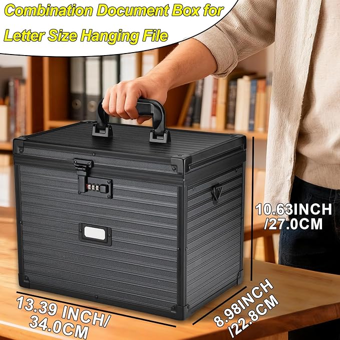 File Storage Cabinet File Organizer Document Organizer File Box in Office and Home with Combination Lock with 20 Letter Size Hanging Files (Stripe Black, Letter)