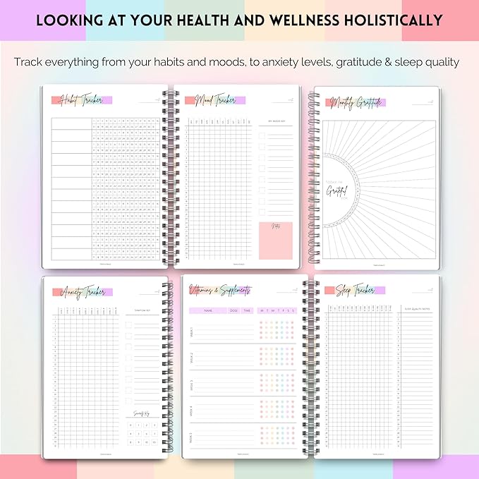 Wellness Journal - 90 Day Health, Fitness, Gratitude, Mindfullness, Wellbeing, Habit, Goals, Diet & Food Tracker - A5 (Pastel Rainbow)