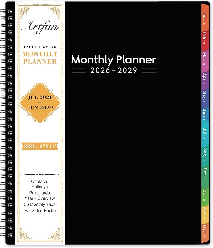 2026-2029 Monthly Planner - 3 Year Planner 2026-2029, JUL 2026 - JUN 2029, 36 Months Calendar Planner, 9" x 11", 3 Year Monthly Planners 2026-2027 with Colorful Tabs, Pocket, Notes - Black