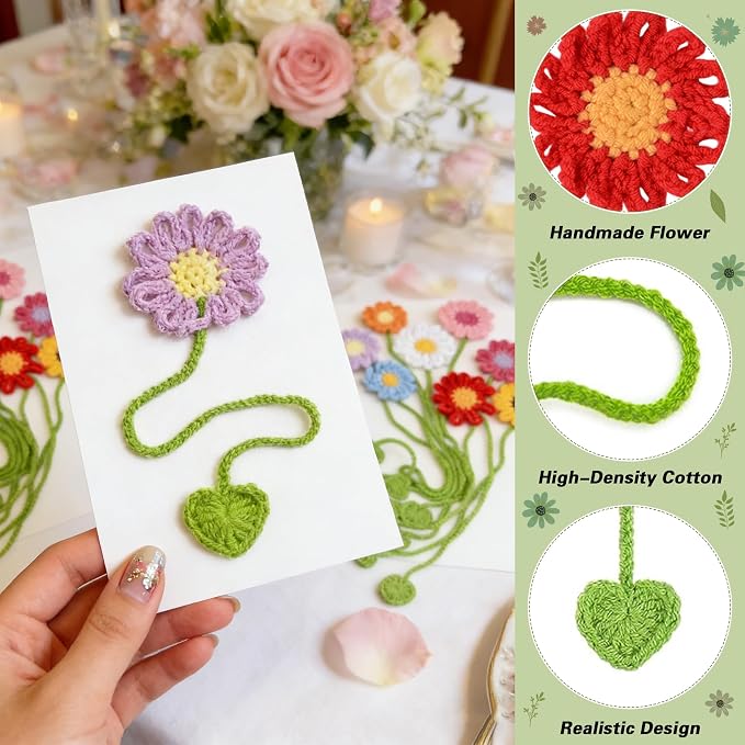 Yuboo 8 Pack Crochet Flower Bookmarks for Women, Daisy Flower Handmade Personalized Cute Funny Girly Birthday Book Marks for Reading, Gifts for Book Lovers Girls Teachers