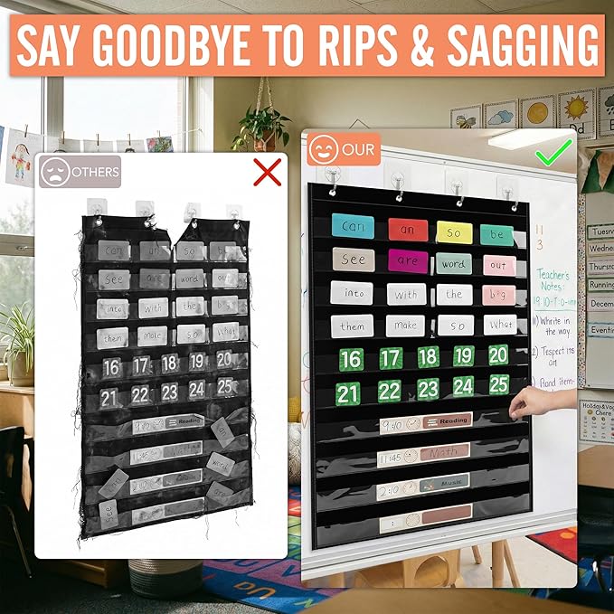 Pocket Chart for Classroom - Large Black 10 Pocket Chart for Alphabet Learning Word Wall Calendar Daily Schedule Sentence Strips Sticker Display, Teacher Supplies for Preschool Kindergarten & Home