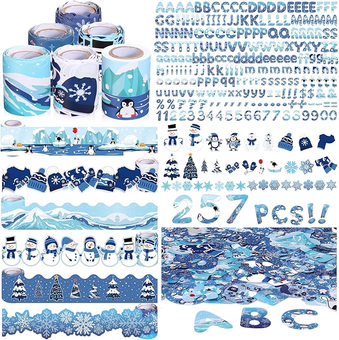 Kosiz Winter Bulletin Board Decoration Set 118 ft Scalloped Bulletin Board Borders Snowflake Classroom Poster Border Trim with 257 Pcs Letter Number Symbol Cutout for School Winter Decor