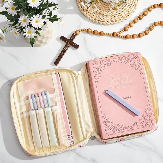 Sinload Quilted Bible Cover Case for Women Large Carrying Bag with Organizer Tabs 6 Colored Pens 6 Highlighters Book Tote Bags with Handle Bible Carry Supplies Christian Gifts(Pink Bow Floral)