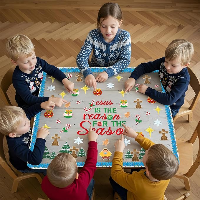 113Pcs Jesus is The Reason for The Season Cutouts Bulletin Board Decoration Set Christmas Trees Cross Snow Nativity Christian Faith Religious Sunday Classroom Chalkboard Wall Winter Party Decor