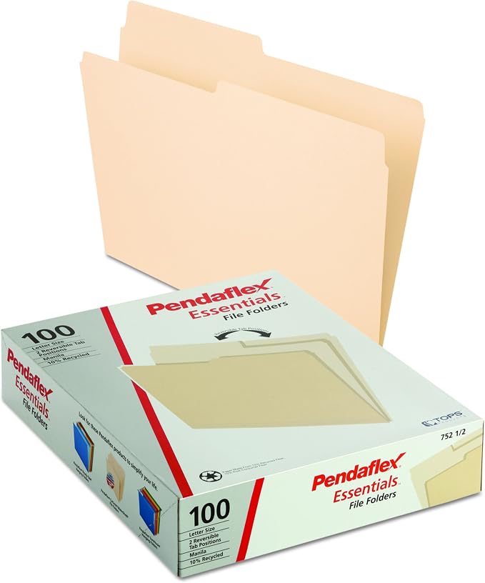 Pendaflex File Folders, Letter Size, Manila, 1/2 Cut, 100/BX (752 1/2), Letter (Pack of 5)