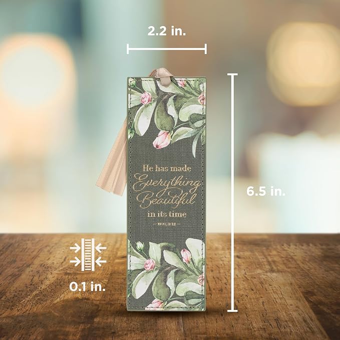 Christian Art Gifts Premium Inspirational Scripture Vegan Leather Bookmark for Women: Everything Beautiful Encouraging Golden Bible Verse, Tan Satin Ribbon, Read Books, Save Pages, Forest Green Floral