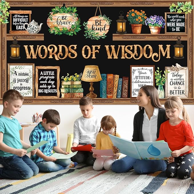 Mooliwe 57 Pcs Vintage Plant Bulletin Board Set Inspirational Greenery Classroom Decoration Potted Plant Flower Cutout for School Office Chalkboard Door Wall Decor