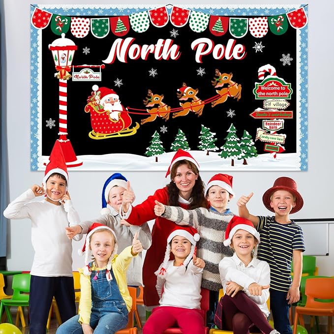 Christmas Bulletin Board Decoration Set North Pole Sign Classroom Decorations Santa Reindeer Xmas Elk Snowflakes Paper Cutouts for Winter Holiday Party School Classroom Home Chalkboard Wall Decor