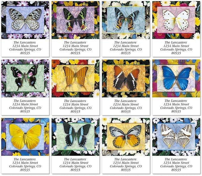 Colorful Images Butterfly Return Address Mailing Labels, Personalize with Name & Addresses, Set of Self Adhesive, Easy Peel Flat Label Sheets (Flower-Square)