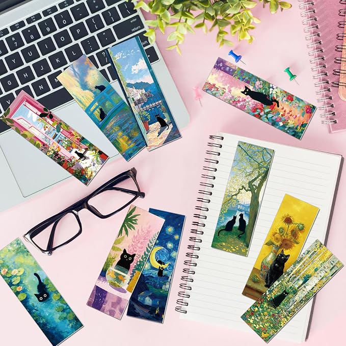 Black Cat Bookmarks Gifts - 60 Pcs Floral Animal Bookmarks Paper Cute Flower Cat Painting Book Mark Page Markers Clip Gift for Book Lover Women Men Student Classroom Teachers Bookish Reading