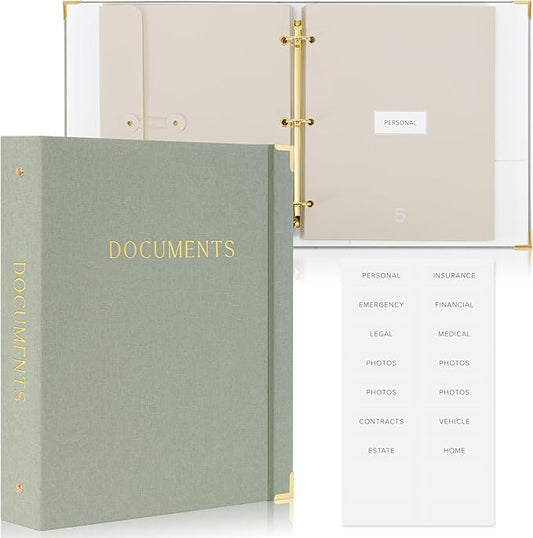 Important Document Organizer Set with Folders - Complete Linen Ring Binder Set Safely Stores All Documents & Files in One Place - Easy to Use Expanding Storage Incl. Envelopes, Pockets & Labels