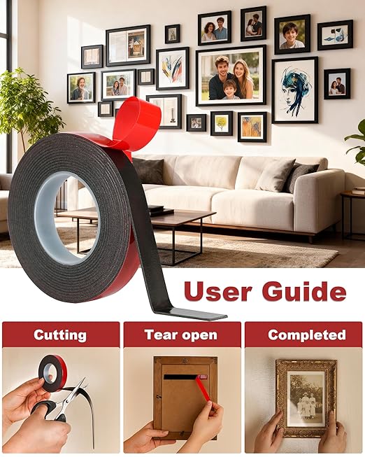 VHB Double Sided Tape, Thin Double Sided Mounting Tape, 2cm × 4.7m Black Adhesive Tapes, Heavy Duty Waterproof High Temperature Resistant for LED Strips, Car Decor, Home Office