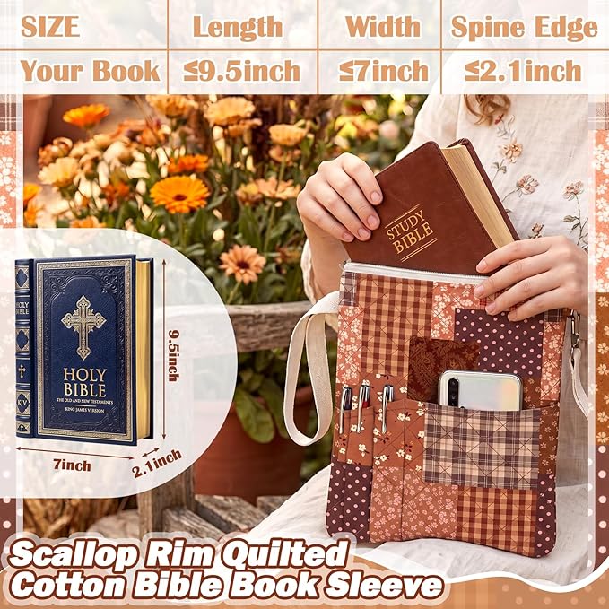 Gilprop Bible Book Sleeve with Zipper 11" x 9" Padded Protector Washable Quilted Book Covers Printed Bible Pouch with Handle Pockets Protector for Books Lover Christian Gifts (Brown Spliced Style)