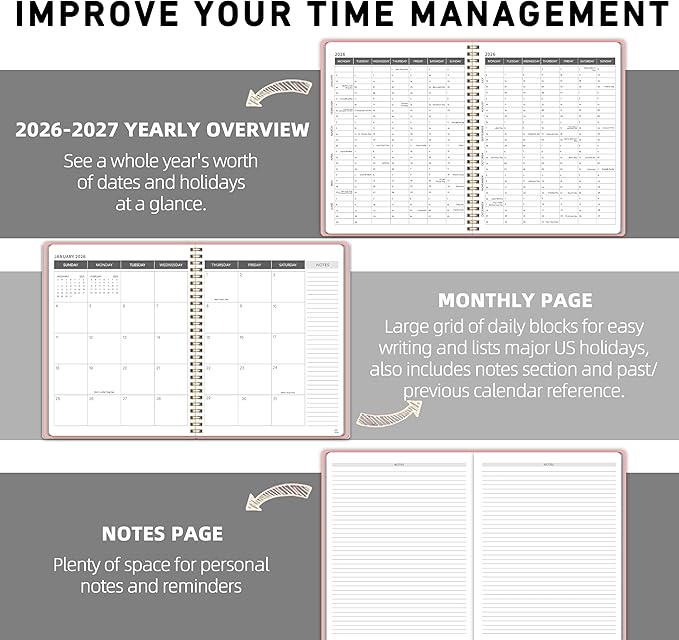 Monthly Planner Jan 2026 - Dec 2027, Monthly Planner for 24 Monthes, 9×11 Inch, Teacher Monthlys, Hard PVC Cover, Spiral Bound, Time Management Calendar, Perfect for School & Office (Pink)