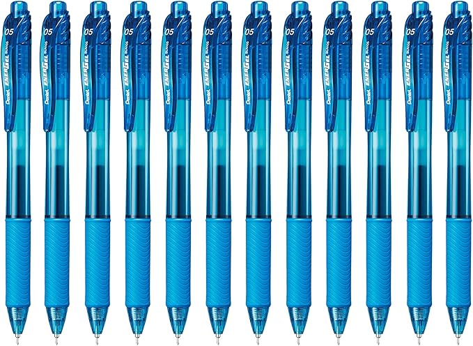 Pentel EnerGel-X Retractable Liquid Gel Pen (0.5mm) Needle Tip, Fine Line, Sky Blue Ink, Box of 12 (BLN105-S)