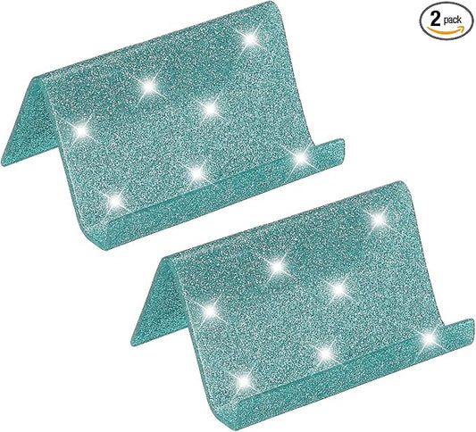 PATIKIL Business Card Holder for Desk, 2Pcs Acrylic Business Card Holders Shine Card Stand Organizer Cards Display for Office Exhibition, Lake Blue