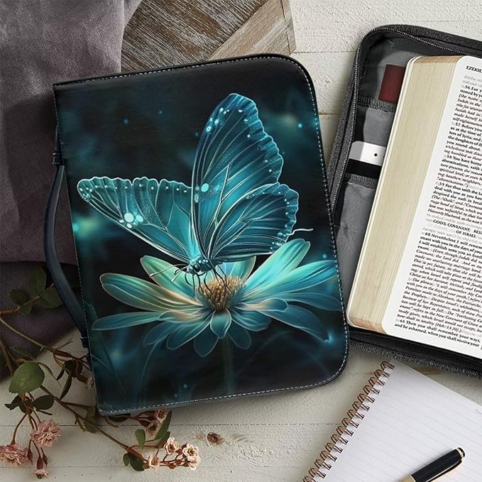 PU Bible Cover for Women- Bible Case with Leather Bookmark Set - Bible Study Supplies for Home, Office,Green Butterfly Daisy,Small