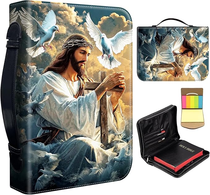 Bible Cover for Men Women,Large Leather Bible Case Fit Book Up to 11x8x2 Inch,Jesus with White Doves and Cross Bible Covers Bible Study Carrier Church Bags w/Handle & Zipper