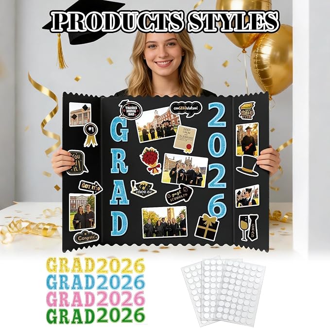 4 Set Graduation Photo Trifold Poster Board, Class of 2026 Graduation Picture Display Boards with Colorful Grad Stickers, Photo Display Board for Grad Party Multiple Pictures Table Decor, 24 x 16 Inch