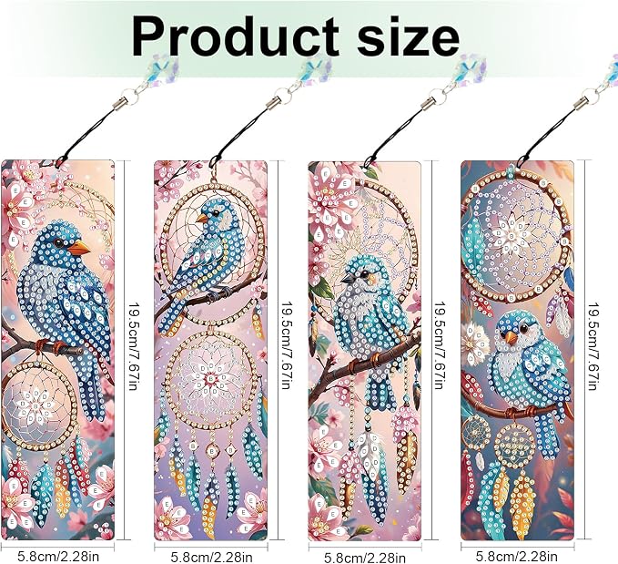 4 Pcs DIY 5D Diamond Painting Bookmark Kits for Adults, Acrylic Crystal Rhinestones Book Marks, Dreamcatcher Bluebird Diamond Art Bookmarks with Crystal Pendant, Handmade Tassel Bookmarks Gift Set