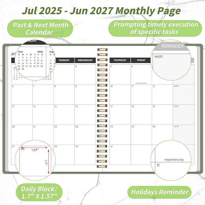 Monthly Planner 2025-2027, July 2025 - June 2027, 2 Year Calendar 2025-2027 Monthly Planner, 7.5" x 10", 24 month Calendar With Goals To Do List, Habit Tracker Suitable for Schools & Offices & Home, Green