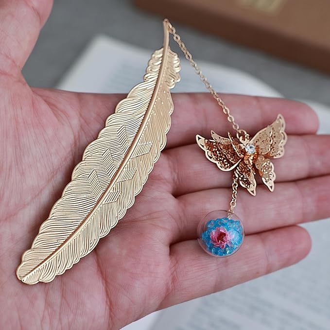 Teacher Appreciation Gifts for Women - Metal Feather Bookmark with 3D Butterfly Charm – Mother’s Day Gifts for Mom, Thank You Gifts, Book Lover Gift Under 10 Dollars, Gift Box Included