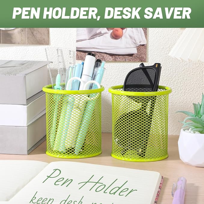 Segarty Pen Holder, 6 Pack Round Light Green Pen Cup Holder, Wire Mesh Marker Pencil Containers Set for Desk, Desktop Accessories Organizer Office Supplies, School, Home, Makeup Brush