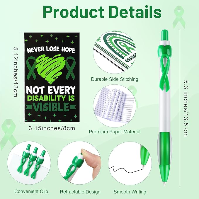 Aodaer 181 Pieces Mental Health Awareness Set Includes Silicone Bracelets, Badge Brooches, Green Ribbon Pens, Keychains, Mini Notebooks, Stickers, Mental Health Awareness Items for Adults Teens Gifts