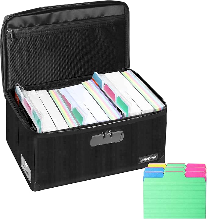 JUNDUN Index Card Holder with 48 Pieces 4x6 Inch Index Cards Dividers,Collapsible Fireproof Index Card Box with Lock fits 1200 4x6-Inch Flash Cards - Business, or Note Card Storage Boxes - Black