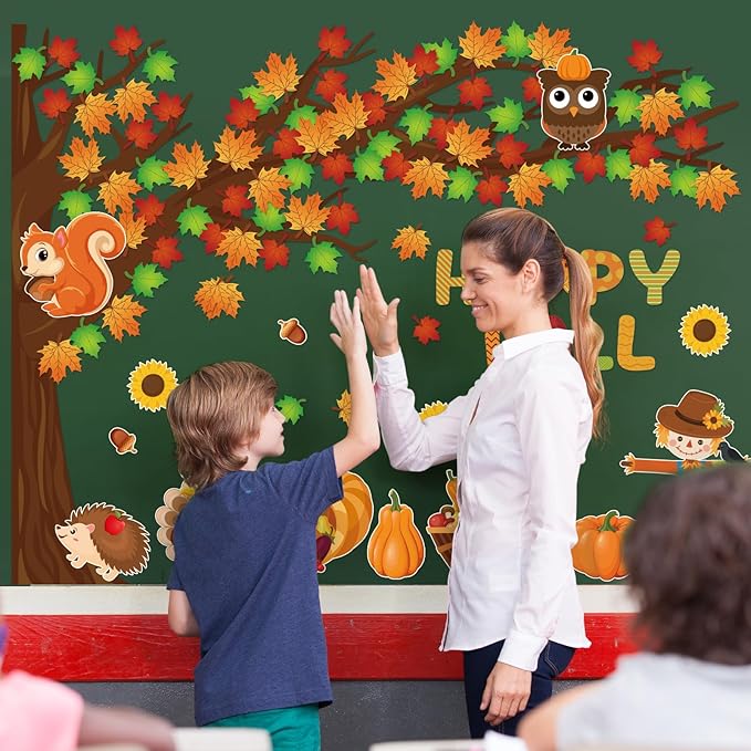 Fall Tree Bulletin Board Decorations for Classroom,Fall Autumn Thanksgiving Classroom Decorations with Big Tree Pumpkin Maple Leaf Turkey Scarecrow Cutout for School Home Chalkboard Wall Decor 136PCS