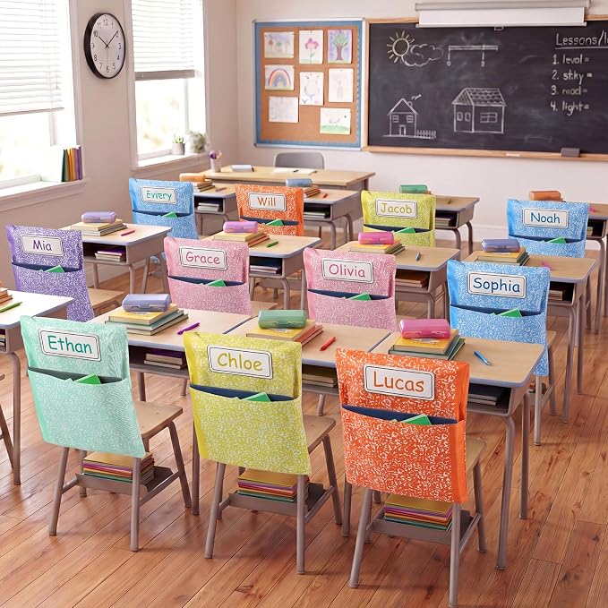 12 Pack Chair Pockets for Classroom Back to School Composition Seat Pocket 20 x 17 Inch K 2 Student Chair Bag Organizer with Name Tag Oxford Cloth Storage Bag for Kindergarten Primary (Pastel)