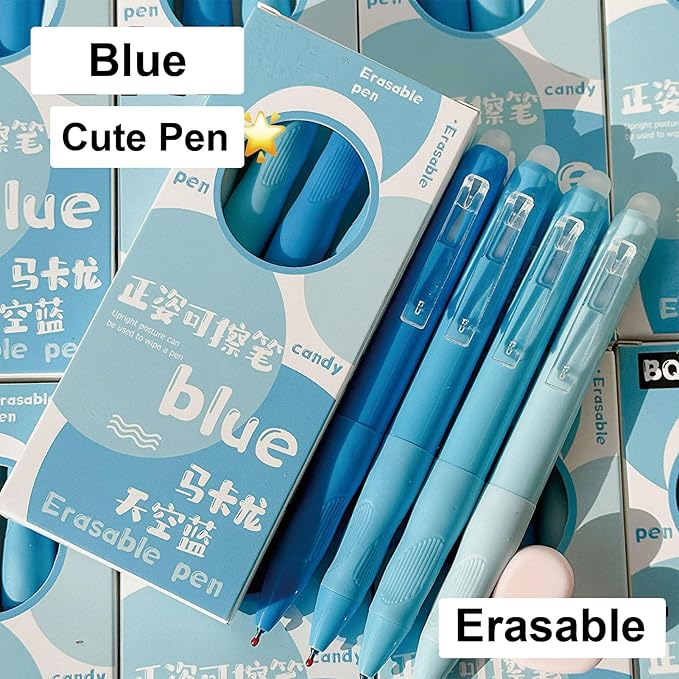 MOZXIRZ 4 Pcs Cute Erasable Gel Pens Erasable Retractable Gel Pens 0.5mm Black Ink Pen Aesthetic Pen for Women Girls Boys Men Office School Supplies (Blue-Black Ink)