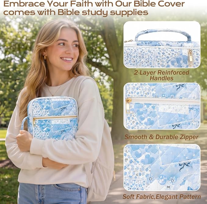 XKDOUS Bible Cover for Women Church Book Holder Quilted Carrying Case with Handle, Tabs, Study Supplies Portable Bible Bag Journaling Kit Christian Gifts for Mom Lady