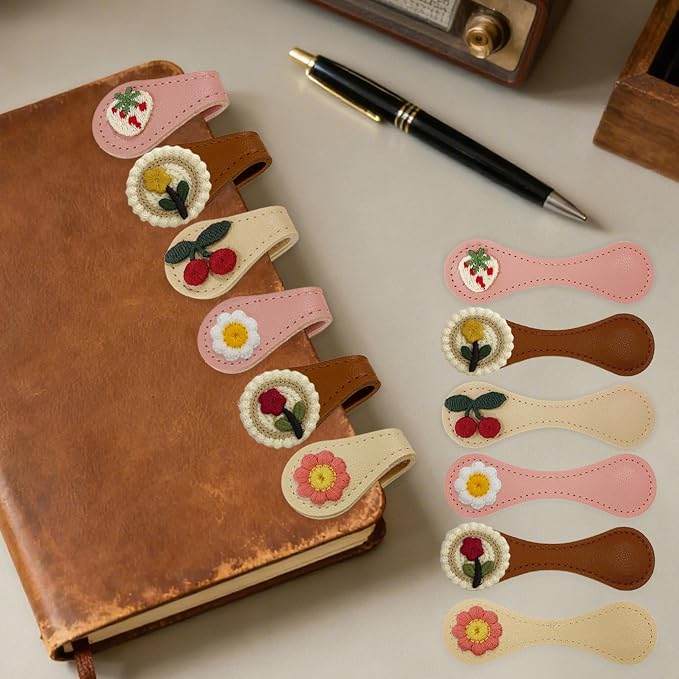 6Pcs Magnetic Leather Bookmark Set, Embroidery Magnetic Bookmarks Clips for Book Lovers Reading, Book Accessories(Mix)