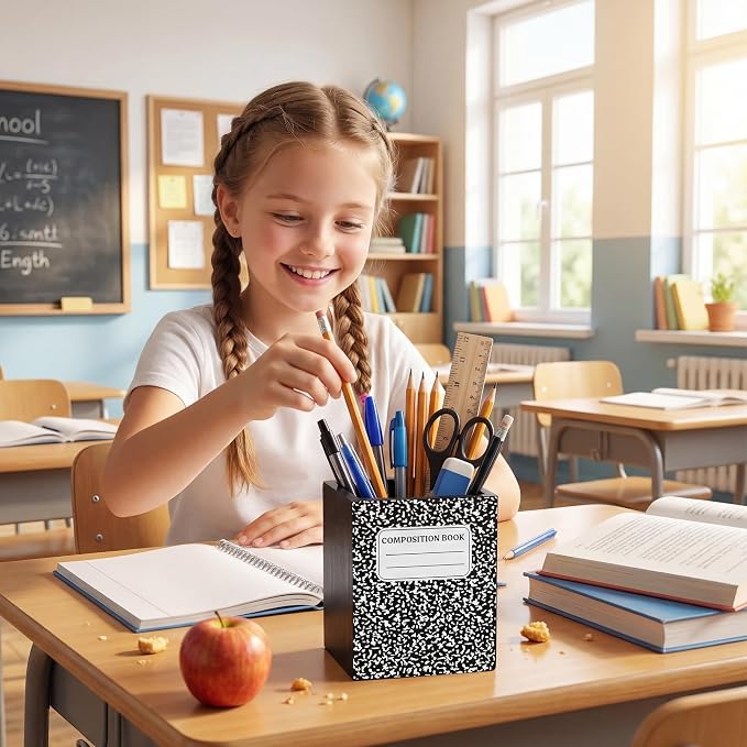 MALLMALL6 Wooden Pencil Holder - Back To School Pen Desk Organization, Notebook Shape Desktop Caddy Case for Teacher Student, Keep Your Desk Tidy for Classroom Office Home Dorm