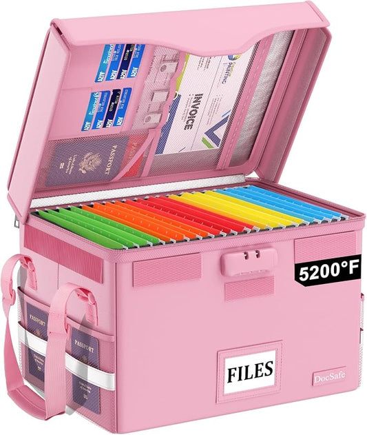 DocSafe 5200°F Fireproof Document Box with Lock,Heat Insulated File Organizer Storage with Pockets,Collapsible Portable Home Office File Safe Box with Handle for Hanging Letter/Legal Folders, Pink