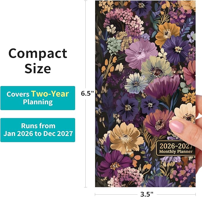 Pocket Calendar 2026-2027 for Purse, Two Year Monthly Planner Pocket Size 6.5" x 3.5", Jan 2026 - Dec 2027 Monthly Planner Small Calendar for School, Work and Home - Midnight Bloom
