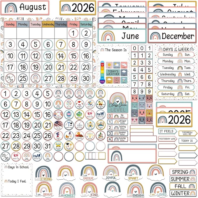 BelleAngle Boho Rainbow Calendar Bulletin Board Set with Seasons, Festival, Weather and Days of The Week for Classroom Home Decoration Supplies