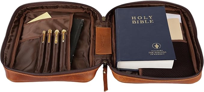Leather Bible Cover for Men & Women – Zippered Bible Case with Handle, Note & Pen Organizer – Fits Large Study Bible – 11.5x8.5 Inch (Orange)