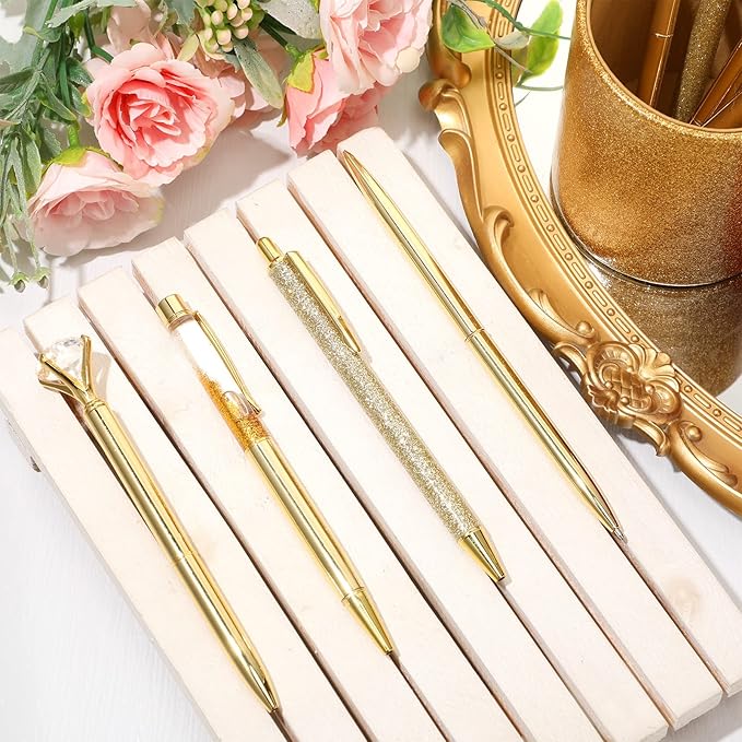 Sabary 8 Pcs Gold Pens with Pen Holder for Desk Glitter Crystal Diamond Cute Ballpoint Fancy Pencil Holder Bling Desk Organizer for Women Girls School Office Supplies Wedding Graduation Gifts