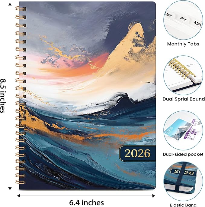 2026 Planner, Weekly and Monthly Calendar Planner Book, January 2026 - December 2026, Hardcover Spiral Planner with Monthly Tabs, Notes Pages, Perfect for Women & Men, A5 (6.4" x 8.5") - Abstract