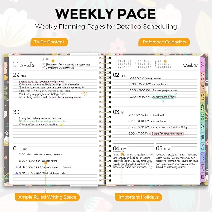 SKYDUE 2026-2027 Monthly and Weekly Academic Planner, July 2026-June 2027, 8.5"x11", Agenda Calendar with Colorful Tabs and Storage Pocket, Ideal for School Office Supplies