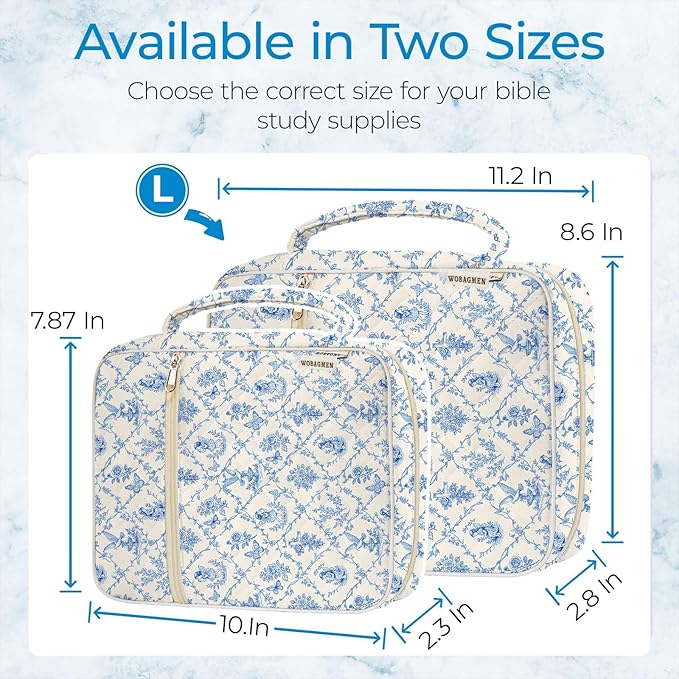 WOBAGMEN Bible Cover Case for Women,Large Bible Tote Bags Organizer Quilted Carrying Case for Girls,Bible Study Supplies Accessories Christian Gifts for Women (Vintage Blue, L)