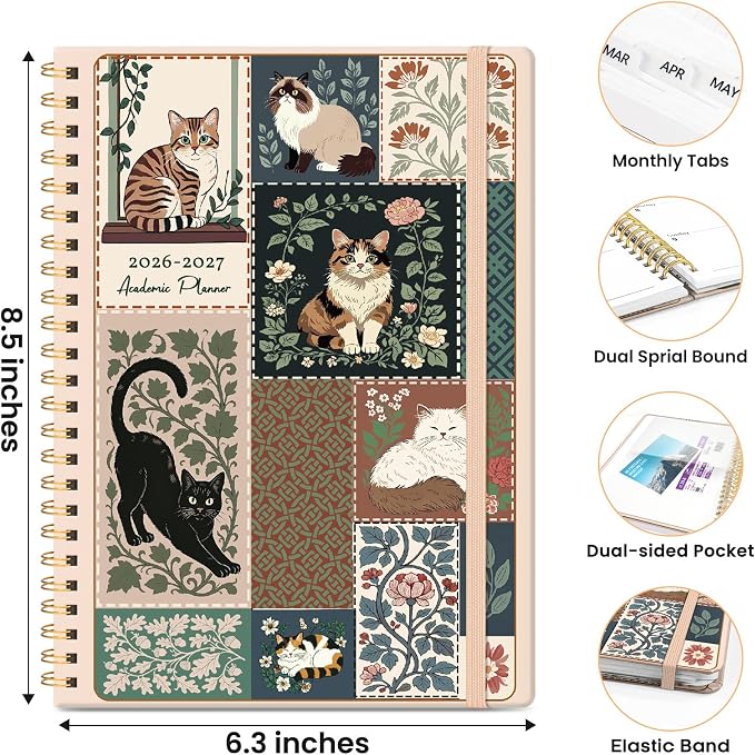 Planner 2026-2027, Monthly and Weekly Calendar Academic Planner July 2026 - June 2027, Hardcover Student Teacher Planning Agenda Book with Tabs, Perfect for Office School Supplies, A5 (6.3" x 8.5") - Feline Quilt