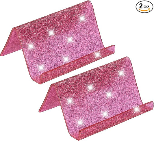 PATIKIL Business Card Holder for Desk, 2Pcs Acrylic Business Card Holders Shine Card Stand Organizer Cards Display for Office Exhibition, Rose Red