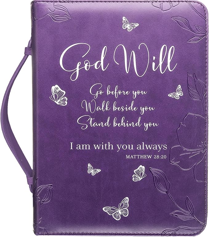 DEHITE Bible Cover Case for Women — Bible Carrying Case for Woman — Purple Large Holder Bag — Fits Book 10,1x7x1.9 in — Pen Slots — Zippered Pocket — Premium Faux Leather — Christian Floral Accessorie
