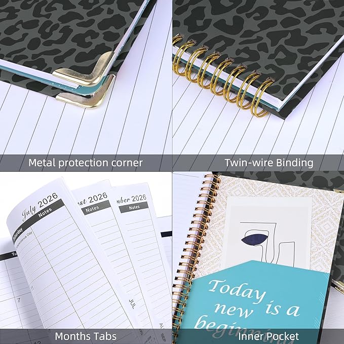 2026 Planner, Jan.2026 - Dec.2026 Planner Weekly and Monthly 6.25"x8.5" with Page Tabs, Calendar Hardcover with Inner Pocket, Elastic Band,Twin-Wire Binding,Bookmark, Black Leopard