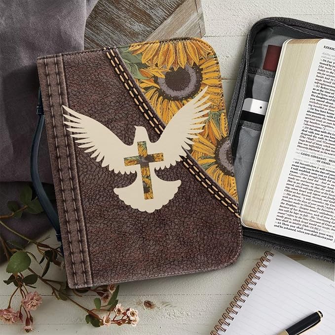 Cross Sunflower Fall Bible Covers for Man Multi-Functional Bible Carrying Case Bible Bookmark Protector Large Bible Covers with Zipper and Handle
