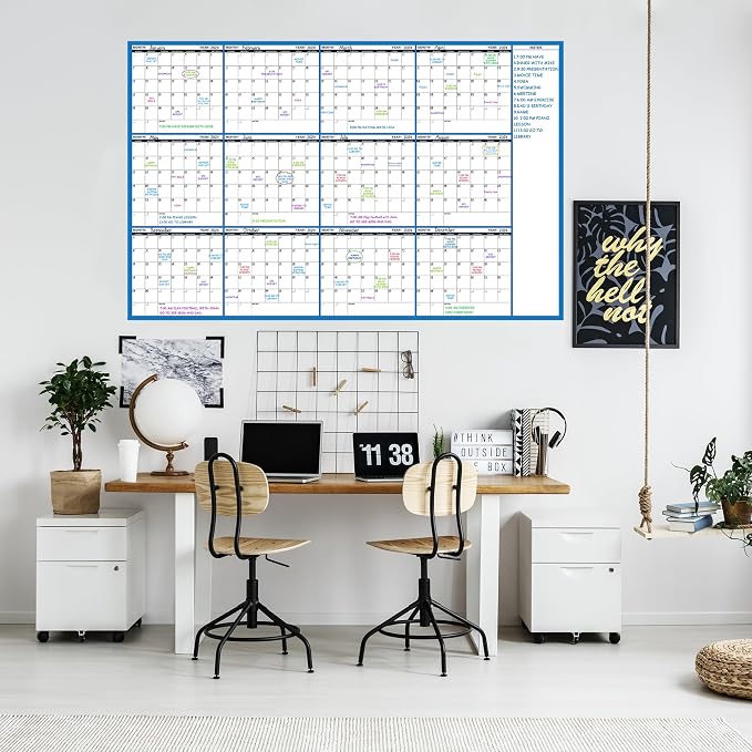 Large Dry Erase Calendar - Undated Wall Calendar Dry Erase, 58" x 37", 12-Month Dry Erase Calendar with 10 Round Stickers
